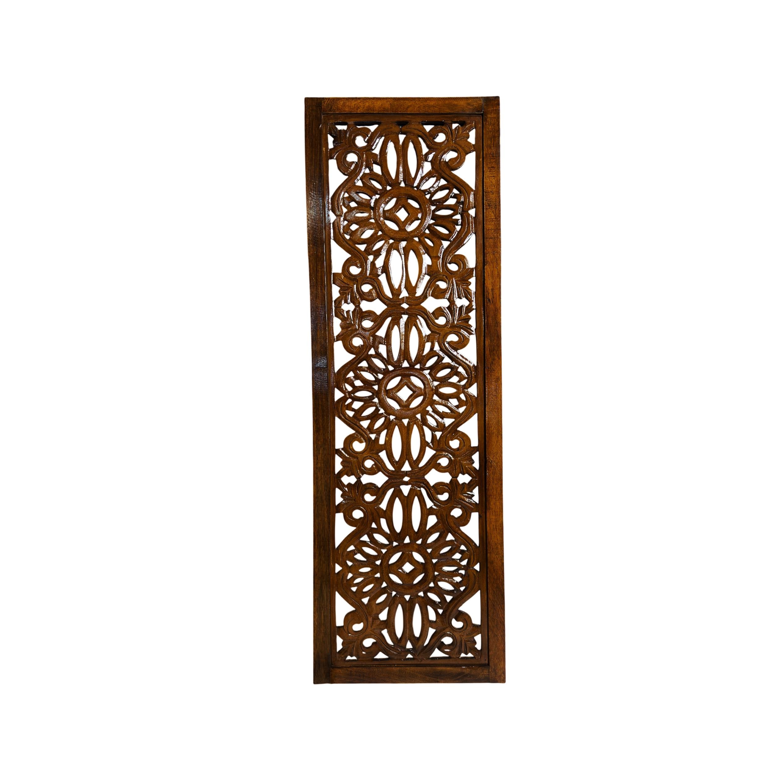 Hand Carved Wooden Wall Panel Floral Mandala Boho Wall Art (18x54 Inches)