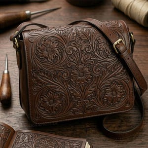 Hand-Tooled Leather Crossbody Bag, Embossed Floral Shoulder Purse, Genuine Vintage Messenger Bag