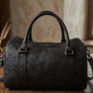 May include: A black leather barrel bag featuring an intricate embossed floral pattern across the surface. The bag includes two sturdy top handles, a detachable shoulder strap with brass-toned hardware, and a secure zipper closure along the top.