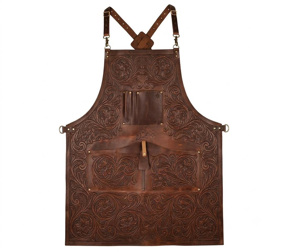 Hand Tooling Leather Apron, Custom Tooled Floral Chef Apron, Personalized BBQ Apron for Men Women, Leather Blacksmith Barber Tattooist Apron