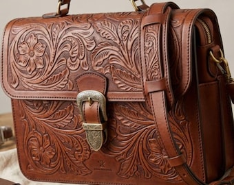 Handgemaakte leren laptoptas, bewerkte leren aktetas voor mannen en vrouwen, westerse gesneden leren messengertas, vintage leren attache-case