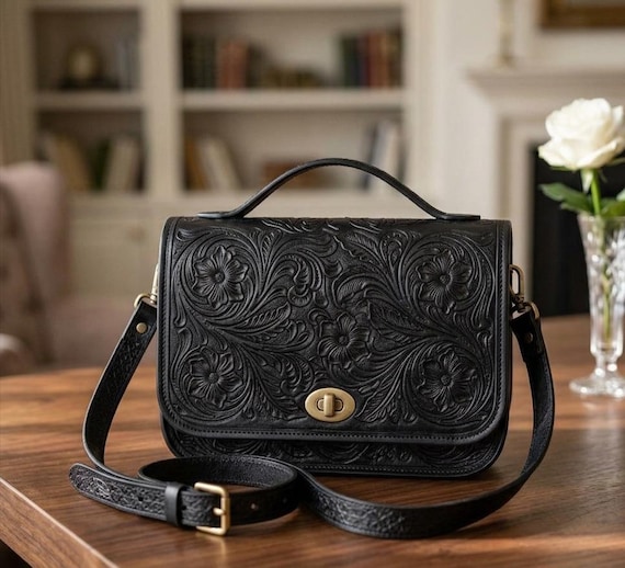 Handmade Black Tooled Leather Crossbody Bag, Vintage Floral Carved Shoulder Purse, Western Style Satchel, Premium Leather Gift for Her