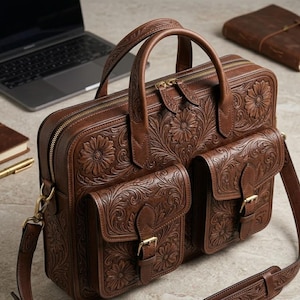 Hand Tooling Leather Laptop Bag, Western Floral Messenger Briefcase, Carved Leather Crossbody Bag, Tooled Leather Work Bag for Men Women