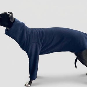 May include: A navy blue dog sweater with long sleeves, covering the dog's body. The dog is black with white markings on its paws. The sweater has a high collar and is made of a soft material.