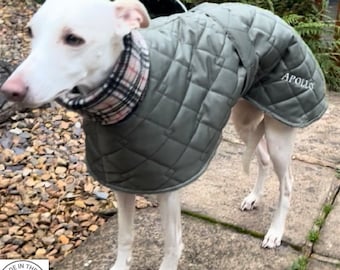 Waterproof whippet and greyhound coat .personalised have your dogs name added.Made in the uk