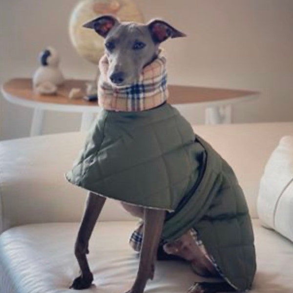 Whippet waterproof winter quilted coats with a long fleece neck, turtleneck