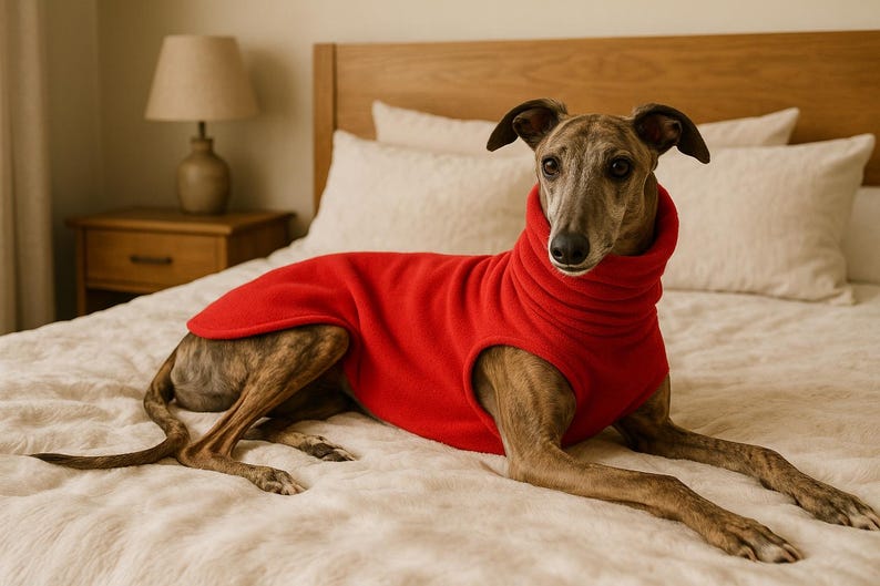 May include: A brindle Greyhound dog wearing a bright red fleece dog coat, lying on a bed with a cream-colored comforter. The dog is relaxed, with its head up and ears perked. The background includes a wooden headboard and a bedside table.