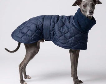 Greyhound ,saluki,lurcher waterproof winter quilted coats with a long fleece neck. Design your own coat custom made