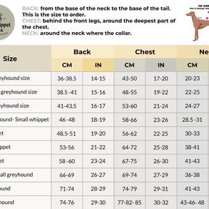 Dog pyjamas size chart showing back length and chest measurements for whippets and greyhounds.