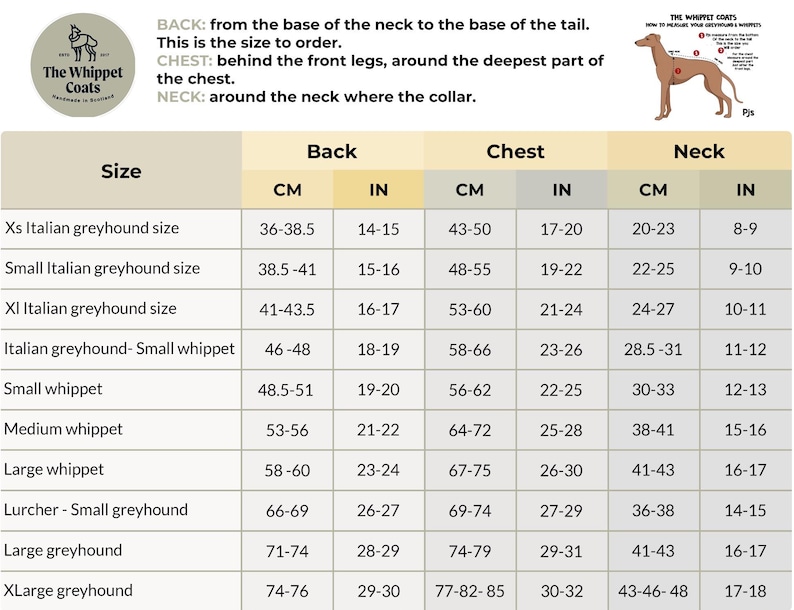 Dog pyjamas size chart showing back length and chest measurements for whippets and greyhounds.