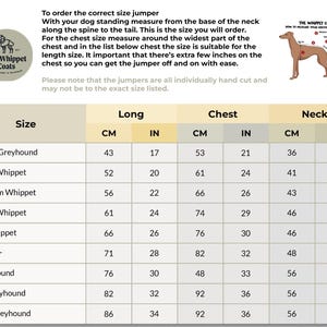 May include: A chart with measurements for dog jumpers, including chest, neck, and length in inches and centimeters. Sizes range from Italian Greyhound to XXL Greyhound. Instructions on how to measure a dog for the correct size are also included.