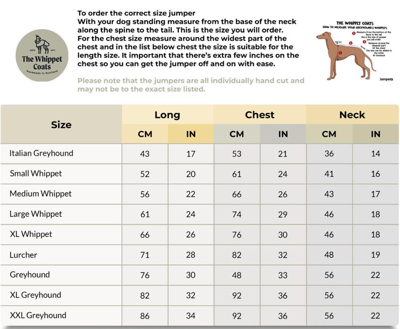May include: A chart with measurements for dog jumpers, including chest, neck, and length in inches and centimeters. Sizes range from Italian Greyhound to XXL Greyhound. Instructions on how to measure a dog for the correct size are also included.