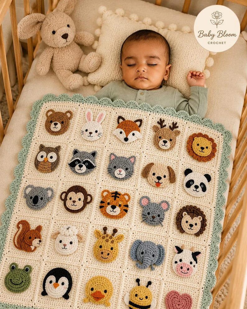 May include: A cream-colored crochet baby blanket featuring a grid of twenty-five individual squares, each decorated with a unique crocheted animal face, including a bear, rabbit, fox, deer, lion, owl, raccoon, cat, dog, panda, koala, monkey, tiger, mouse, squirrel, sheep, giraffe, elephant, cow, frog, penguin, duck, bee, and a heart, finished with a scalloped sage green border.