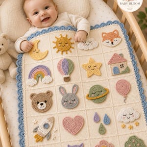 May include: A cream-colored crochet baby blanket featuring a grid of various appliqués including a sun, moon, stars, clouds, a rocket, a fox, a bear, a bunny, an owl, a house, a rainbow, a hot air balloon, a planet, a heart, and a flower.