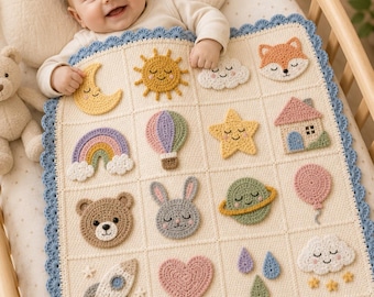 Modèle PDF de couverture bébé au crochet, 20 carrés appliqués, couverture pour chambre d'enfant, idéal pour débutants, cadeau de naissance, téléchargement instantané