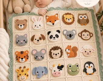 Crochet Baby Blanket Pattern PDF, Woodland Safari Animal Granny Square Blanket, 25 Applique Squares, Nursery Baby Afghan, Beginner Friendly