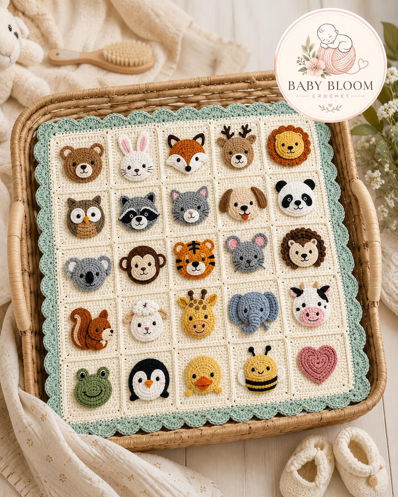 May include: A cream-colored crochet baby blanket featuring a grid of twenty-five squares, each decorated with a unique crocheted animal face or a heart. The blanket has a scalloped sage green border and is displayed inside a woven basket.