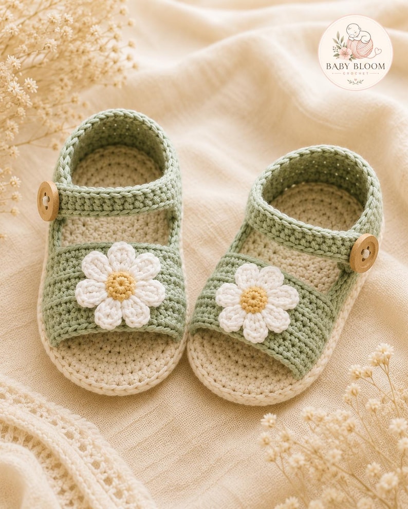 Peut inclure: Une paire de sandales pour b&eacute;b&eacute; en crochet vert sauge et cr&egrave;me, orn&eacute;es d'une marguerite blanche avec un c&oelig;ur jaune sur la bride avant, ferm&eacute;es par un petit bouton en bois sur le c&ocirc;t&eacute;, avec le logo Baby Bloom Crochet visible dans le coin.