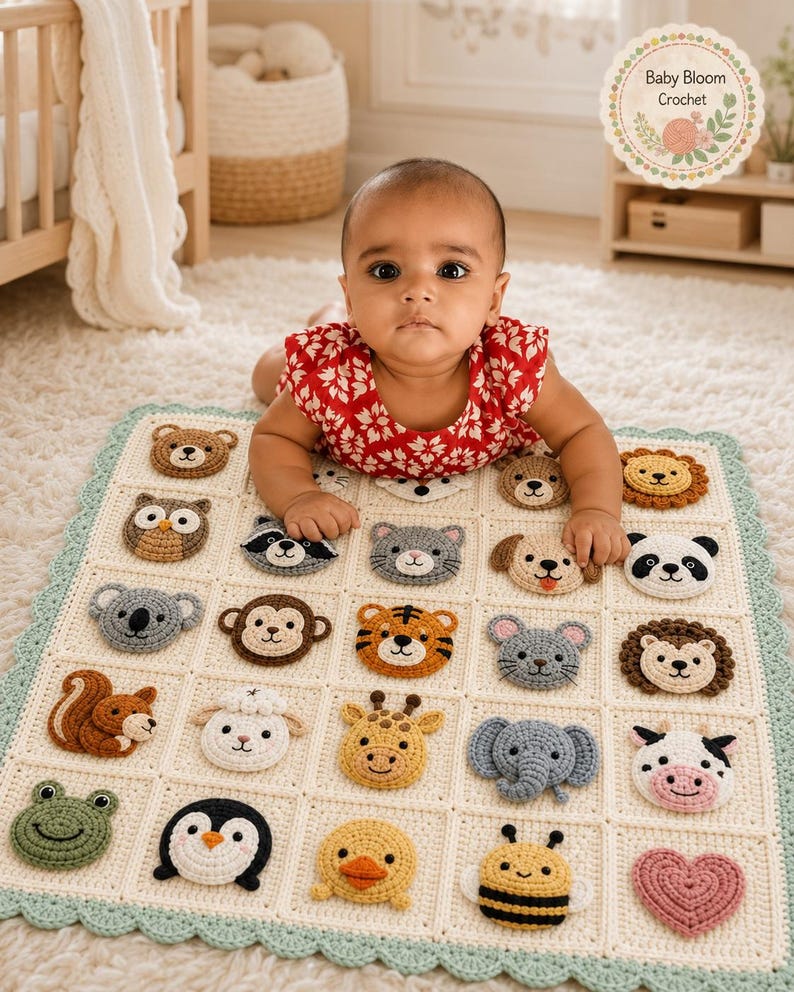 May include: A cream-colored crochet baby blanket featuring a grid of twenty-five square patches, each decorated with a unique, raised animal face or a heart. The blanket has a scalloped light green border and includes a Baby Bloom Crochet logo.