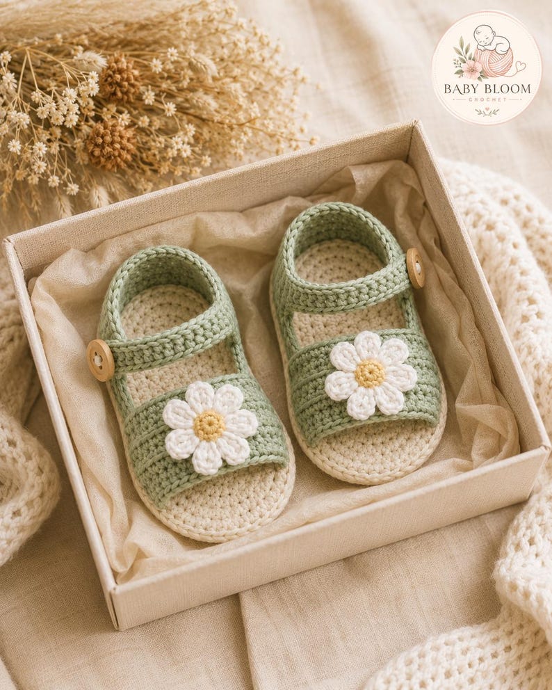 Peut inclure: Une paire de sandales pour b&eacute;b&eacute; en crochet vert sauge, orn&eacute;es d'une fleur marguerite blanche avec un c&oelig;ur jaune sur la bride avant. Chaque sandale poss&egrave;de un petit bouton en bois sur la bride lat&eacute;rale et une semelle cr&egrave;me, dans une bo&icirc;te.