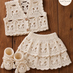 Puede incluir: Un conjunto de ganchillo color crema que consta de un chaleco sin mangas con dos botones de madera con huellas, una falda de niveles y un par de patucos. Cada pieza presenta un motivo de cara de gato y bordes festoneados. Texto BABY BLOOM.