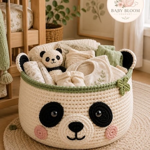 May include: A round, cream-colored crocheted storage basket featuring a panda face design with black eye patches, a black nose, and pink cheeks. The basket has a green crocheted rim and contains a small panda plush, baby clothes, and accessories.