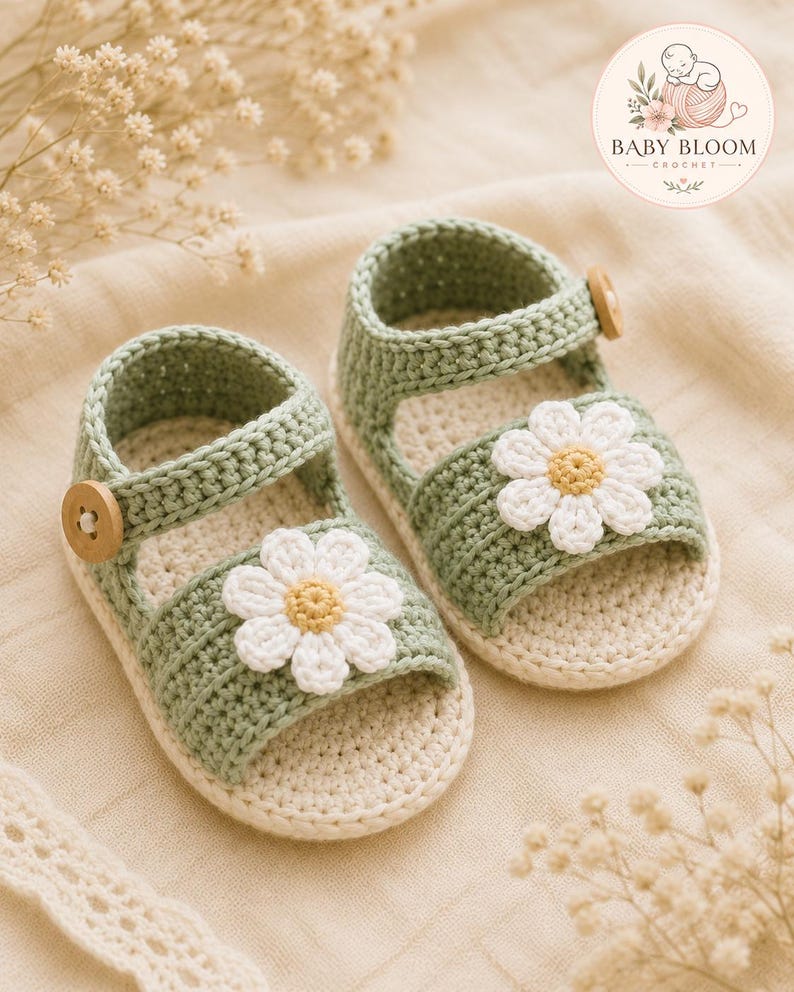 Peut inclure: Une paire de sandales pour b&eacute;b&eacute; en crochet vert sauge avec une applique marguerite blanche au centre jaune sur la bride avant et un petit bouton en bois sur la bride lat&eacute;rale. Le logo BABY BLOOM CROCHET est visible dans le coin sup&eacute;rieur droit.
