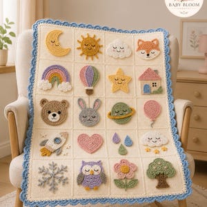 May include: A cream-colored crochet baby blanket featuring a grid of twenty colorful, textured appliques including a moon, sun, cloud, fox, rainbow, hot air balloon, star, house, bear, rabbit, planet, balloon, rocket, heart, raindrops, owl, flower, and tree, finished with a scalloped light blue border.