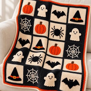 Modèle PDF de couverture au crochet pour Halloween – Appliqués fantôme, citrouille, chauve-souris et chapeau de sorcière, 3 tailles