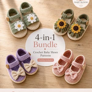 Könnte beinhalten: Vier Paar handgehäkelte Babyschuhe in Salbeigrün, Olivgrün, Lavendel und Altrosa. Die Schuhe sind mit weißen Gänseblümchen, Sonnenblumen und beigen Schleifen sowie Holzknöpfen verziert. Der Text lautet 4-in-1 Bundle Crochet Baby Shoes Patterns.