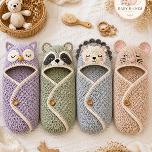 May include: Four crochet baby swaddles featuring animal faces: a purple owl, a green raccoon, a blue hedgehog, and a beige mouse. Each swaddle has a hood, a single wooden button closure, and a cream-colored trim. The text BABY BLOOM CROCHET is visible.