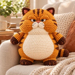 Puede incluir: Un juguete de gato tejido a ganchillo, redondo y relleno, con rayas naranjas y marrón oscuro similares a las de un tigre, vientre color crema y una expresión facial gruñona con orejas pequeñas. El peluche tiene patas marrón oscuro y cola rayada.