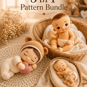 May include: Three crocheted dolls in a 3 in 1 Pattern Bundle. One doll sits in a wicker basket, one sleeps in a smaller oval basket, and one lies on a round mat wearing a bear-ear hat and holding a small pink heart. All dolls have light skin.