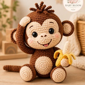 Virkad apa mönster PDF, Amigurumi apa med banan, Nybörjarvänligt virkmönster för leksaksdjur, Söt apa plysch, Direktnedladdning