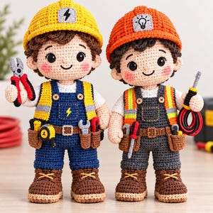 Virkmönster för elektriker, 2 i 1 Amigurumi-docka för arbetare i PDF-format, virkad docka för byggnadsarbetare, presentmönster för hantverkare