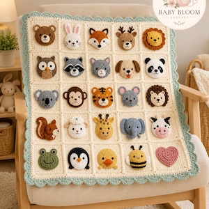 May include: A cream-colored crochet blanket featuring a grid of twenty-five square patches, each adorned with a unique stuffed animal face or a heart. The border is scalloped in light blue. The text BABY BLOOM CROCHET appears in the corner.
