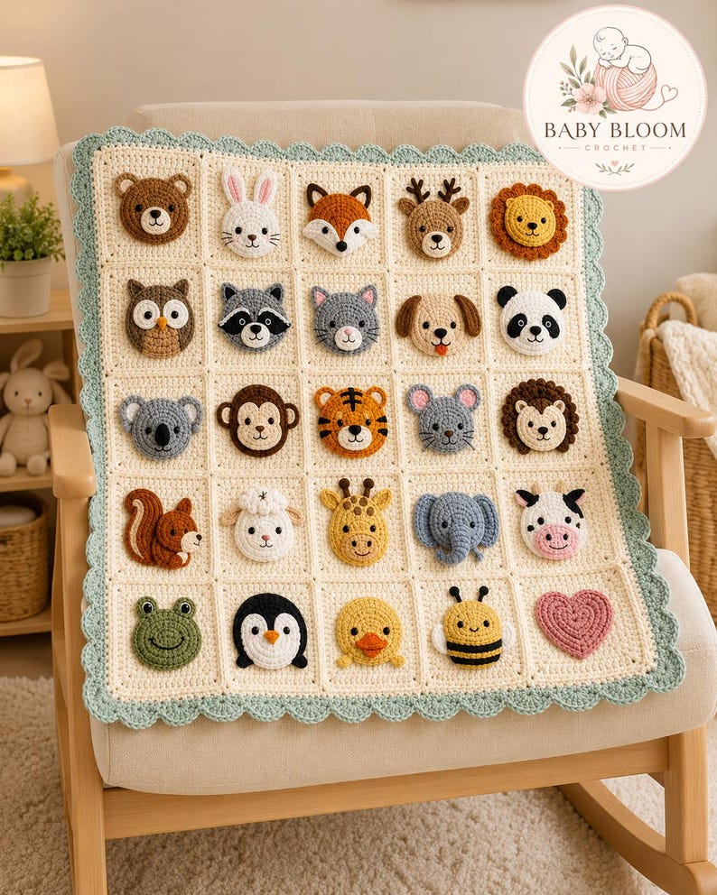 May include: A cream-colored crochet blanket featuring a grid of twenty-five square patches, each adorned with a unique stuffed animal face or a heart. The border is scalloped in light blue. The text BABY BLOOM CROCHET appears in the corner.