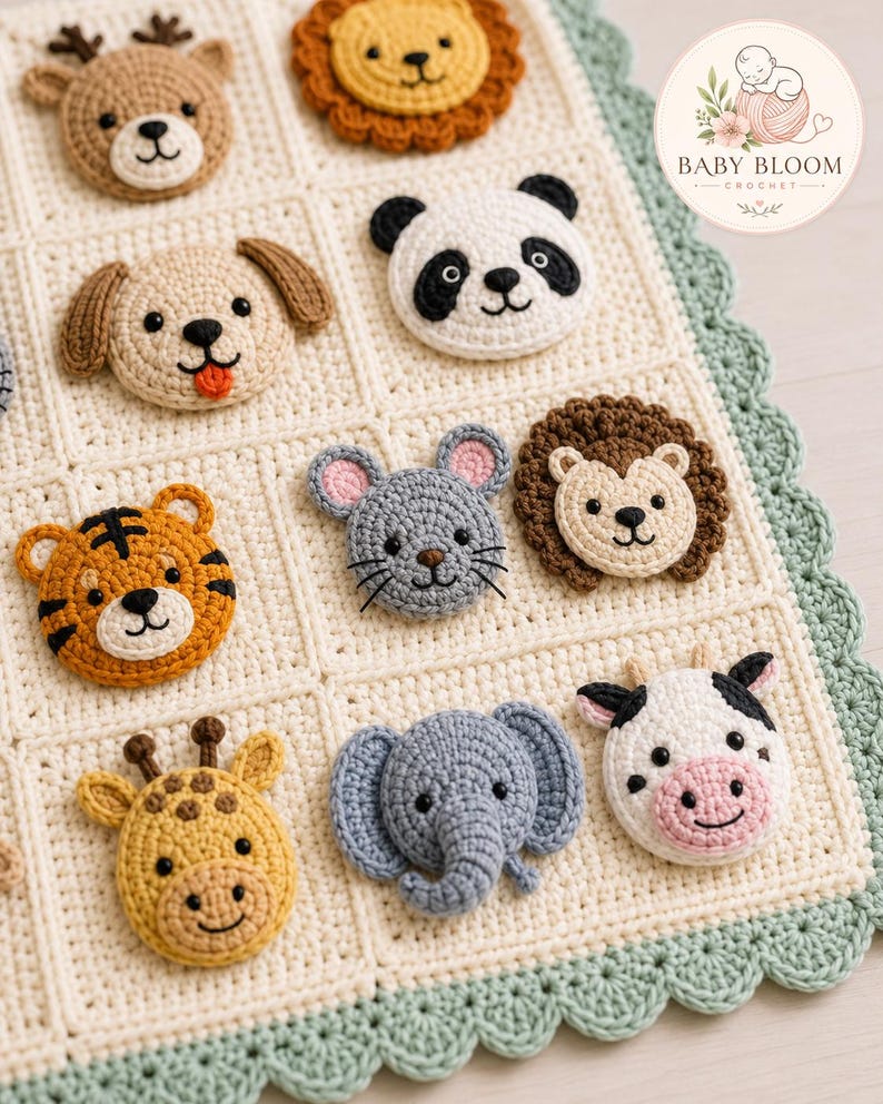 May include: A cream-colored crochet baby blanket featuring a scalloped sage green border and various animal face appliques including a deer, lion, dog, panda, tiger, mouse, hedgehog, giraffe, elephant, and cow. A circular logo reads BABY BLOOM CROCHET.