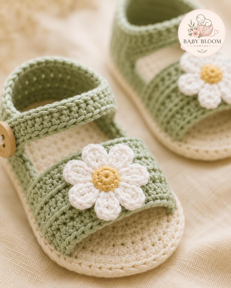 Peut inclure: Une paire de sandales pour b&eacute;b&eacute; en crochet vert sauge avec une fleur marguerite blanche au centre jaune sur la bride avant. Chaque sandale poss&egrave;de une semelle cr&egrave;me et un petit bouton en bois sur la bride lat&eacute;rale. Le texte Baby Bloom Crochet est visible.