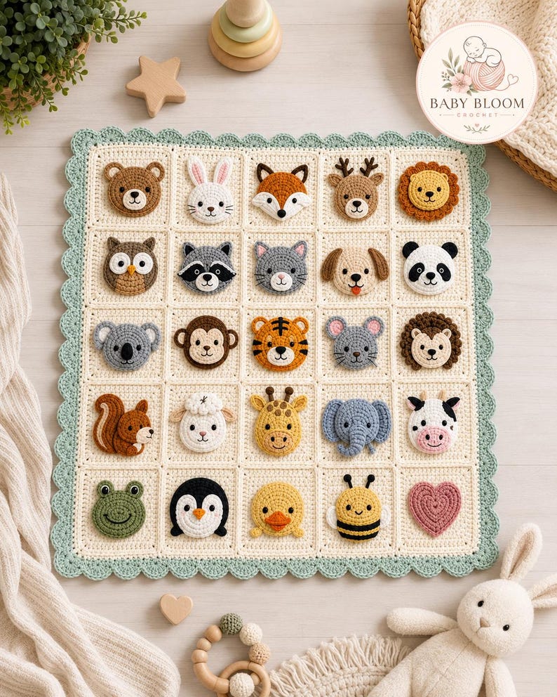 May include: A cream-colored crochet baby blanket featuring a grid of twenty-five squares, each displaying a different crocheted animal face or a heart. The blanket has a scalloped light green border and includes the text Baby Bloom Crochet.