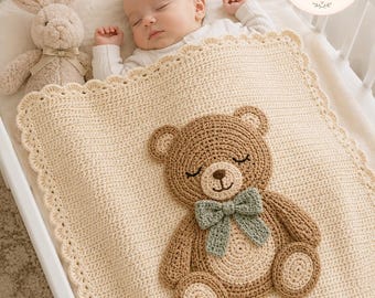 Crochet Teddy Bear Baby Blanket Pattern, Beginner Appliqué Nursery Afghan (PDF Download)