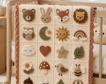 May include: A cream-colored crochet blanket featuring a grid of twenty square patches, each displaying a unique 3D applique including animals, nature elements, and celestial shapes. The blanket is finished with a scalloped terracotta-colored border.
