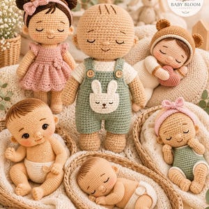 May include: A collection of six crocheted dolls featuring various outfits, including a doll in a pink dress with a bow, a doll in green overalls with a rabbit pocket, and several infants in diapers or rompers, all with embroidered facial features.