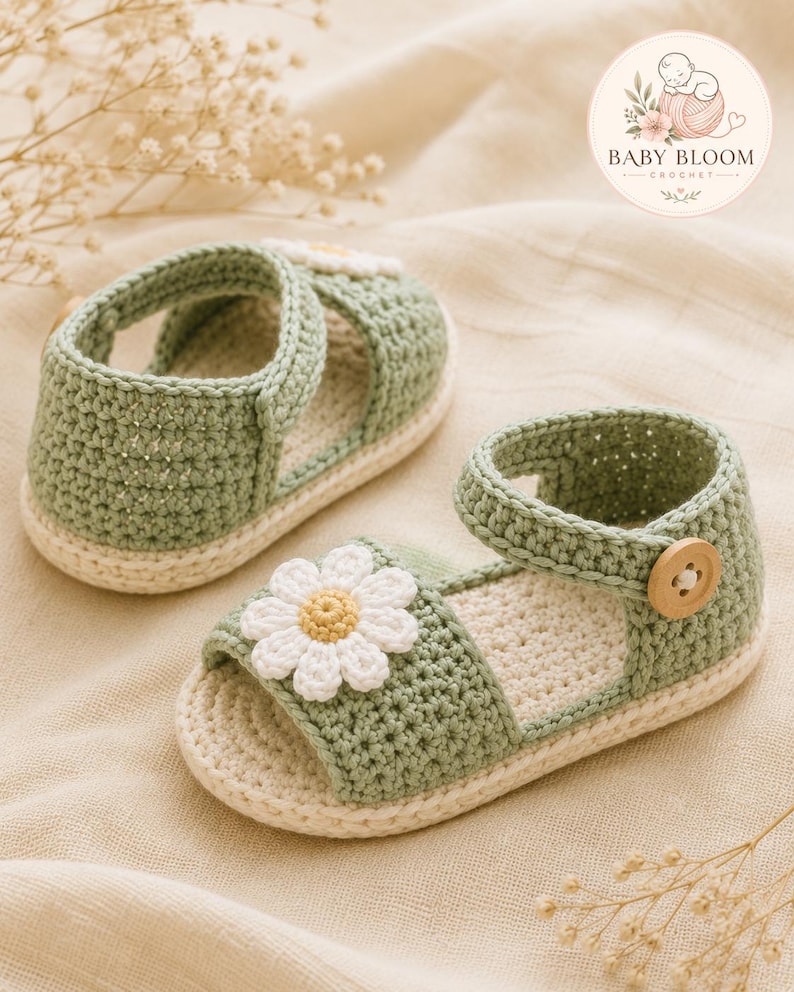 Peut inclure: Une paire de sandales au crochet vert sauge avec une fleur marguerite blanche appliqu&eacute;e sur le devant, une semelle cr&egrave;me et une fermeture &agrave; bouton en bois sur la bride de cheville. Les sandales portent le logo Baby Bloom Crochet.