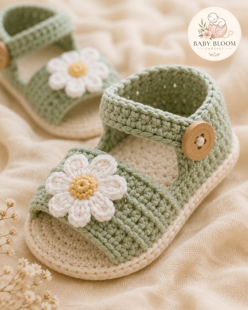 Peut inclure: Une paire de sandales pour b&eacute;b&eacute; en crochet vert sauge avec une application de marguerite blanche au centre jaune sur la bride avant. Chaque sandale poss&egrave;de une semelle cr&egrave;me et un bouton en bois rond sur la bride lat&eacute;rale. Le logo indique BABY BLOOM.