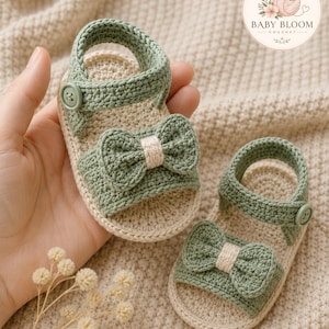 Crochet Baby Sandals Pattern PDF, Sage Green Bow Shoes Tutorial (Newborn-6 Months)