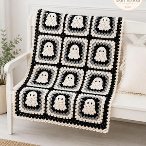 Ghost Granny Square Blanket Pattern, Halloween Crochet Afghan Throw PDF, Easy Beginner Digital Download