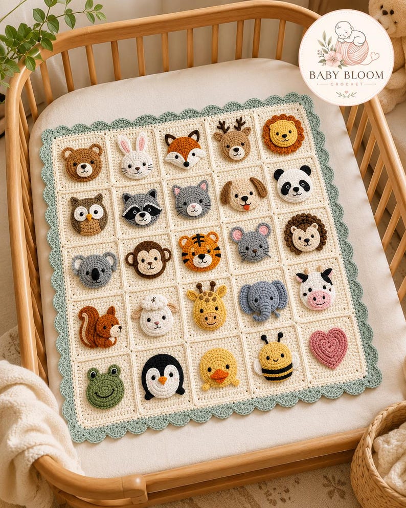 May include: A cream-colored crochet baby blanket featuring a grid of twenty-five square patches, each displaying a different crocheted animal face or a heart. The blanket has a scalloped sage green border and includes a Baby Bloom Crochet logo.