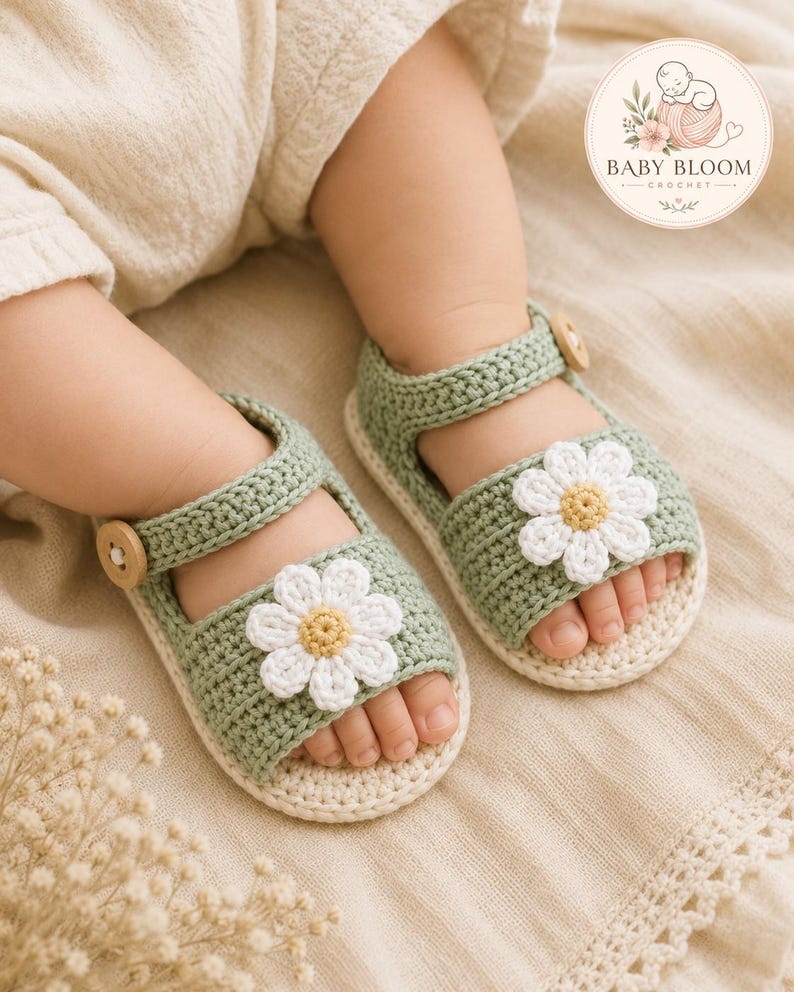 Peut inclure: Une paire de sandales au crochet vert sauge avec une fleur de marguerite blanche au centre jaune sur la bride avant. Les sandales ont une semelle cr&egrave;me et un petit bouton en bois sur la bride lat&eacute;rale. Un logo indique BABY BLOOM CROCHET.