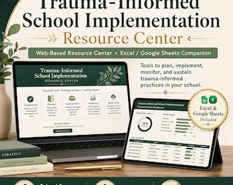 May include: A digital resource center for trauma-informed school implementation displayed on a laptop and tablet. The screens show planning tools, dashboards, and progress trackers. A gold pen and three stacked books labeled Strategy, Systems Change, and Student Well-Being are present.